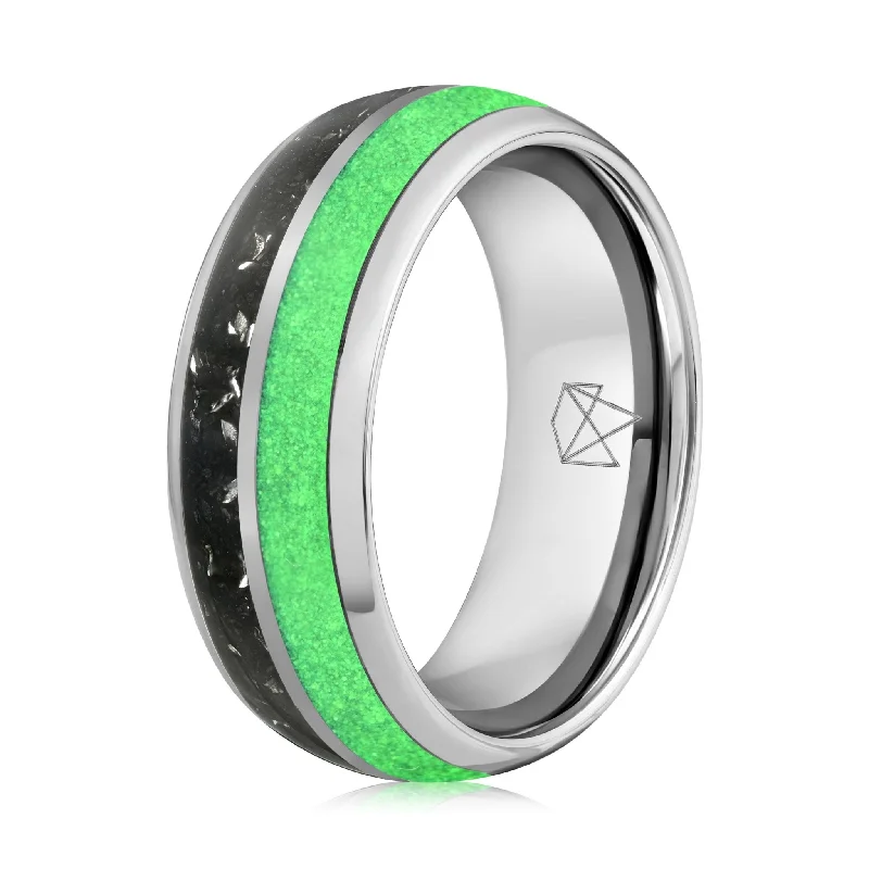 Fringe edge rings-Silver Tungsten Ring - Green Glow & Real Meteorite