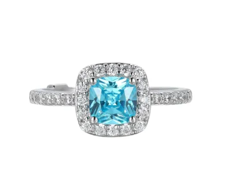 Gleaming diamond rings-Radiance  Cushion Cut Blue & Clear Cubic Zirconia Halo Ring by ELLE