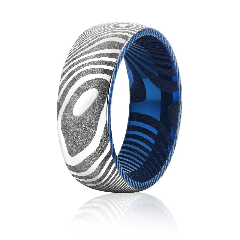 Sturdy geometric rings-Wood Grain Damascus Steel Ring - Silver/Blue Minimalist