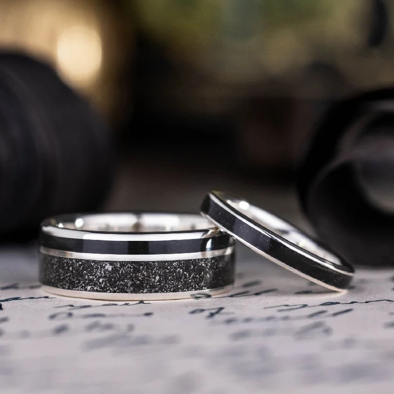 Lavish cocktail rings-The Dark Star & Obsidian - Celestial Black and Silver Wedding Ring Set