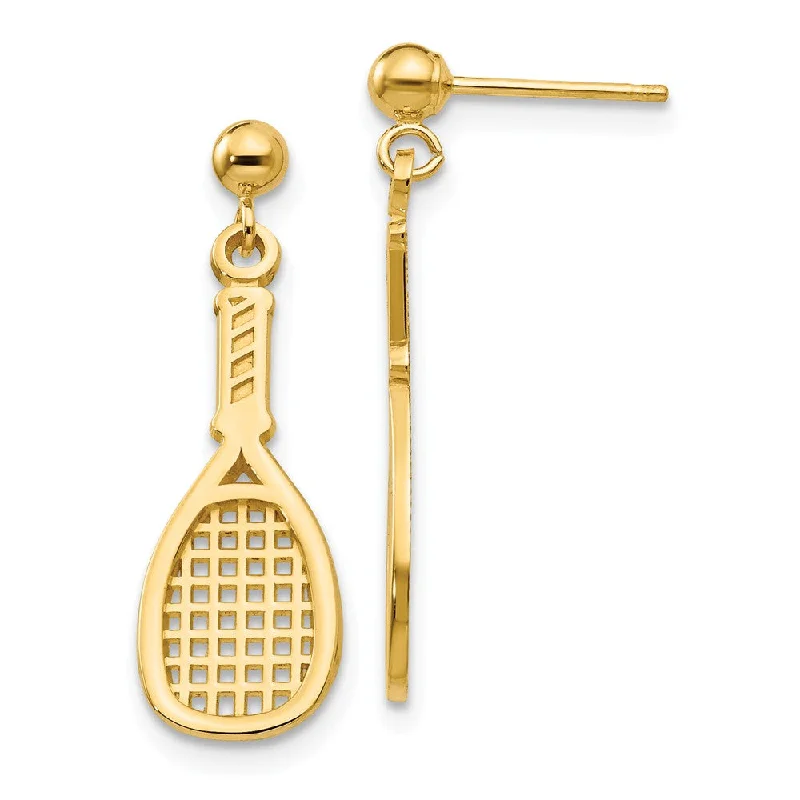 Curved drop earrings-Sports Racquet Dangle Post Earrings in 14k Yellow Gold