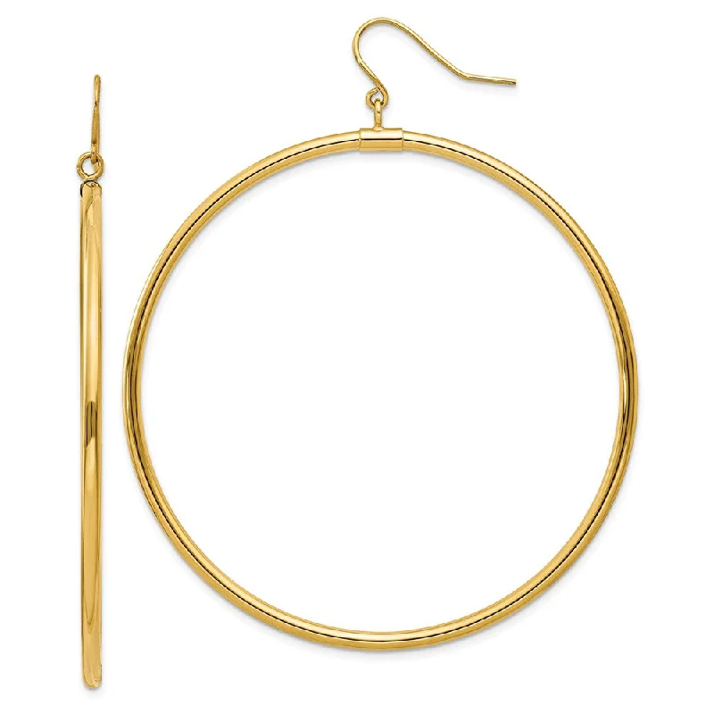 Slim gold earrings-2mm, 14k Yellow Gold, Extra Large Tube Hoop Dangle Earrings, 55mm