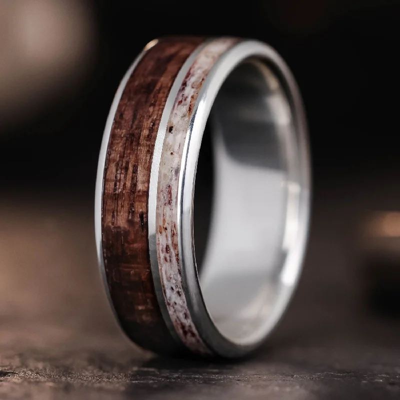 Classic vow rings-The High Country | Men's Silver Wedding Ring with Elk Antler & Antique Walnut Wood