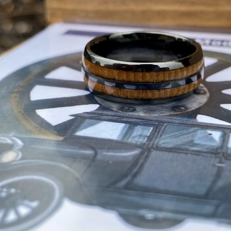 Reef theme rings-“The Motorist” 100% USA Made Black Ceramic Ring With Wood from A Model T Wheel Spoke