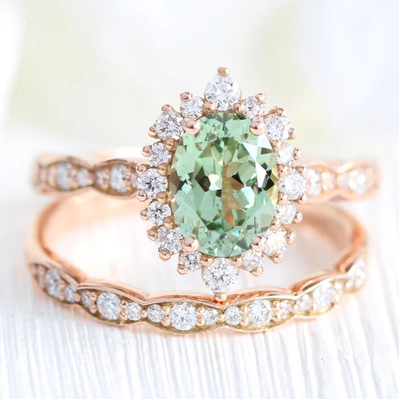 Radiant druzy rings-Tiara Halo Ring Set in Scalloped Band w/ Oval Sea Foam Green Sapphire and Diamond