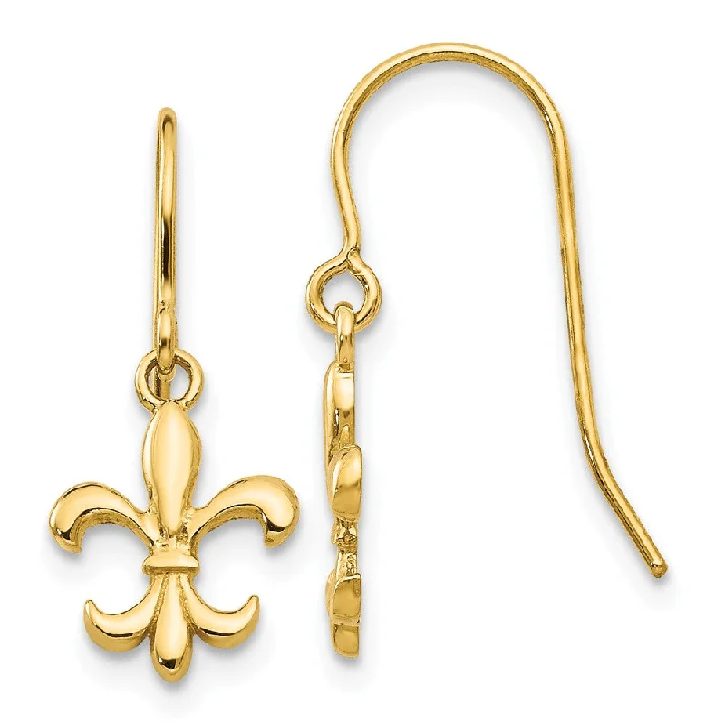 High-gloss earrings-Small Polished Fleur De Lis Dangle Earrings in 14k Yellow Gold