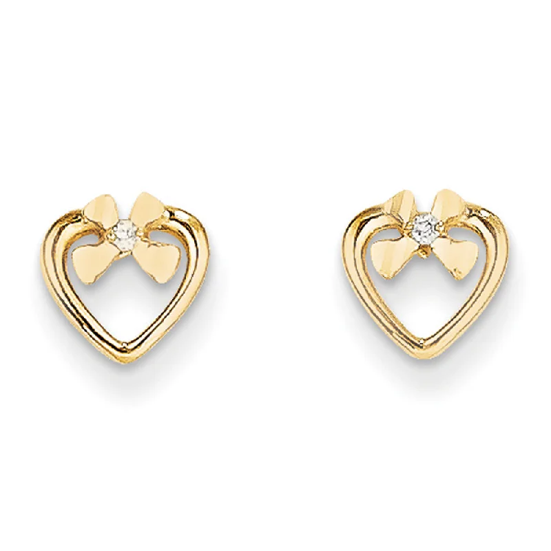 Tiny pearl earrings-Kids 7mm Heart and Cubic Zirconia Bow Post Earrings in 14k Yellow Gold