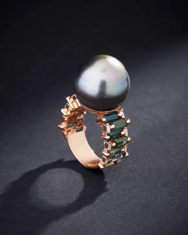 Stained wood rings-One of a Kind Tahitian Pearl Ring with Green Sapphires & Baguette Diamonds