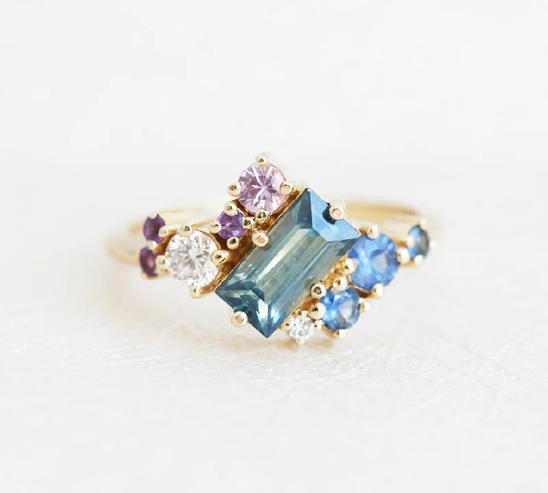 Tiny pearl rings-Lila Teal Blue Sapphire Amethyst Diamond Cluster Ring