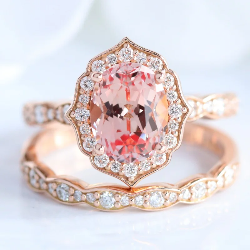 Classic flair rings-Large Vintage Floral Oval Ring Set w/ Champagne Peach Sapphire and Diamond