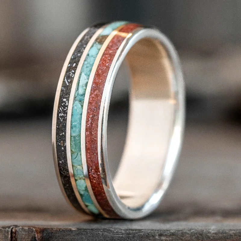 Fringe edge rings-The Solstice | Men's Dinosaur Bone, Meteorite & Turquoise Sterling Silver Ring