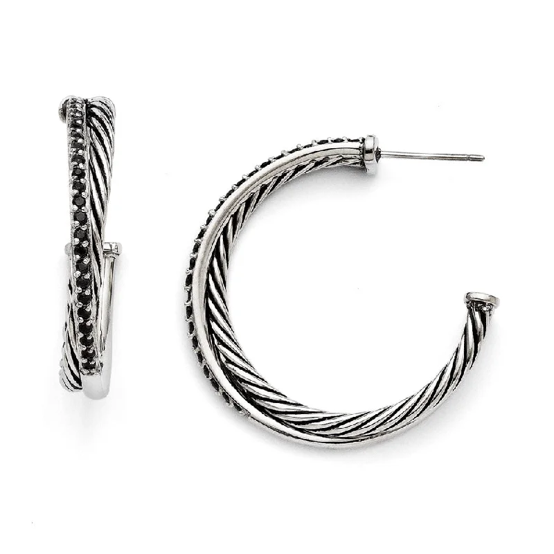 Prism star earrings-5mm Antiqued Twisted & Black CZ Hoops in Stainless Steel, 34mm