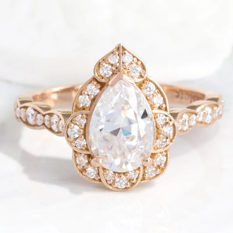 Hook band rings-Large Pear Moissanite Ring in 14k Rose Gold Vintage Floral Diamond, Size 6.25