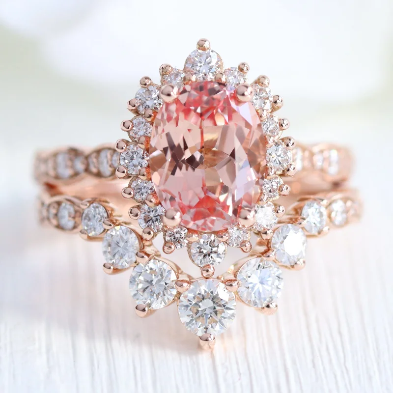 Artisan-made rings-Large Tiara Halo Oval Ring Set w/ Peach Sapphire and Large 7 Diamond Scalloped Band