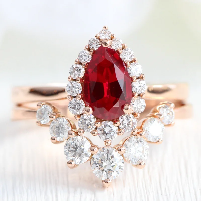 Open frame rings-Tiara Halo Pear Ruby Ring Bridal Set w/ Large 7 Diamond U Shaped Wedding Band