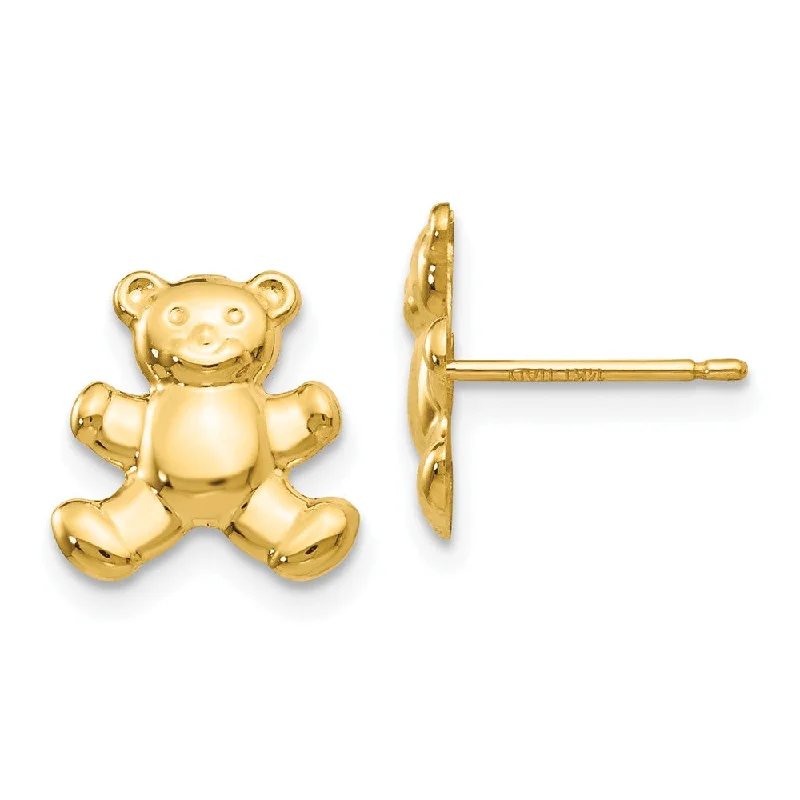 Curved drop earrings-Kids 10mm Teddy Bear Post Earrings in 14k Yellow Gold