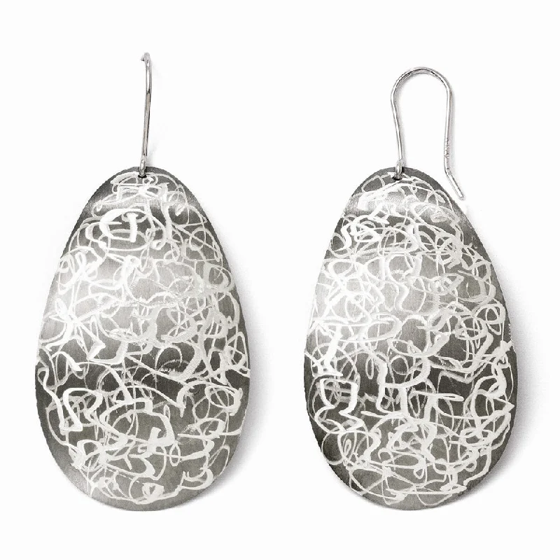 Tulip motif earrings-Two-Tone Sterling Silver Etched Finish Oval Dangle Earrings, 52mm