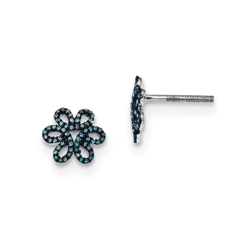 Georgian style earrings-Blue Diamond 10mm Open Flower Post Earrings in Sterling Silver