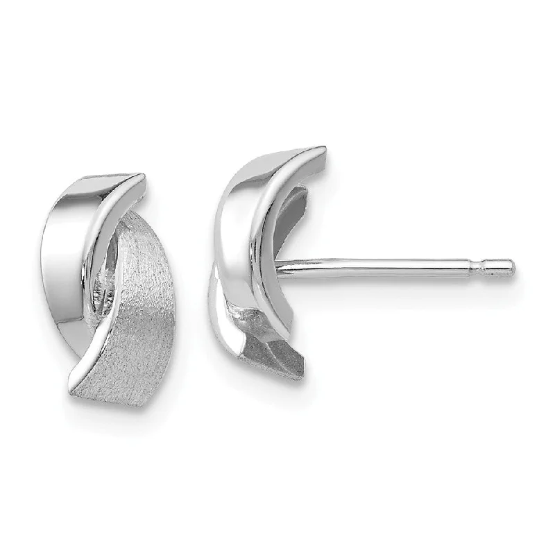 Wave shape earrings-Small Polished and Satin Crossover Post Earrings in 14k White Gold