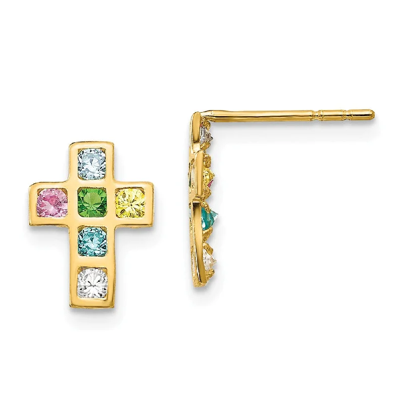 Peridot stud earrings-Children's 14k Yellow Gold & CZ 10mm Jeweled Cross Post Earrings