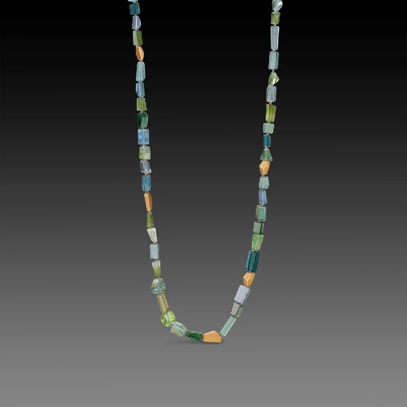 Stained wood necklaces-Green Tourmaline Necklace with 22k Beads