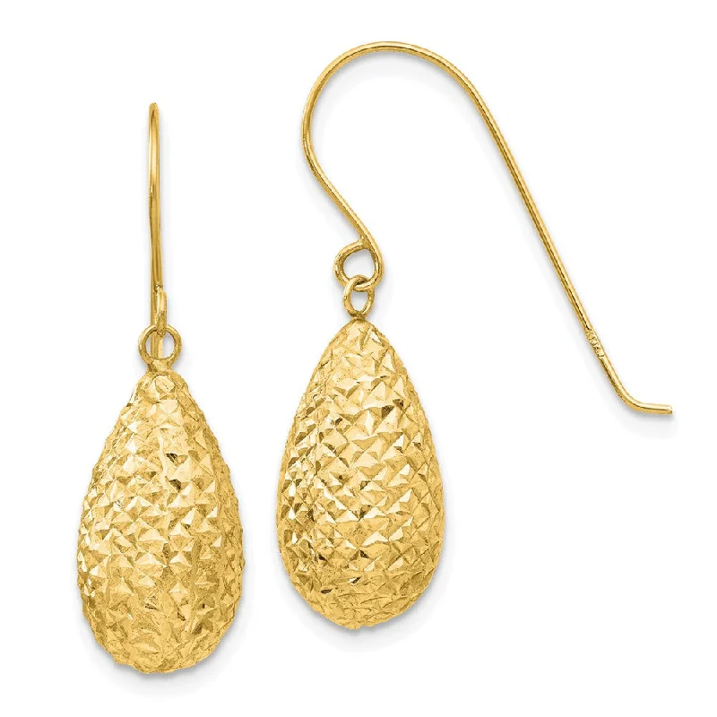 New moon earrings-15mm Diamond Cut Puffed Teardrop Dangle Earrings in 14k Yellow Gold