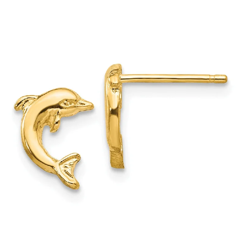 Crystal-wrapped earrings-Small 2D Jumping Dolphin Post Earrings in 14k Yellow Gold