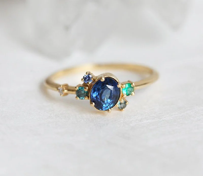 Wave shape rings-Capella Blue Sapphire Emerald Diamond Cluster Ring