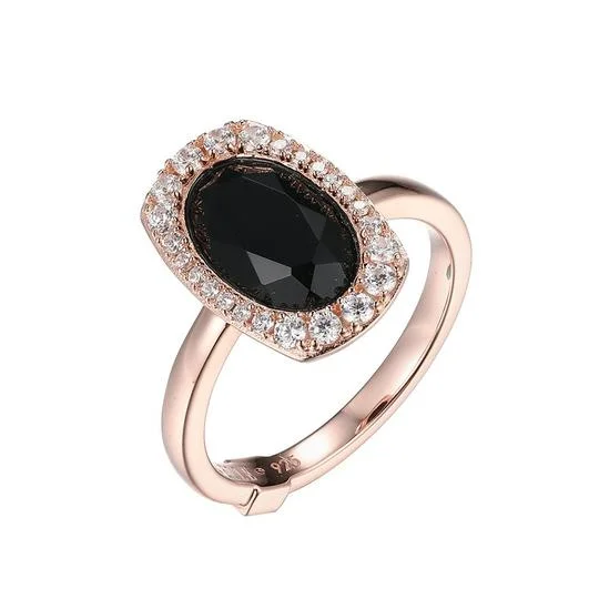 Stained wood rings-Sterling Silver Rose Gold Plated Ring with Genuine Black Agate by ELLE