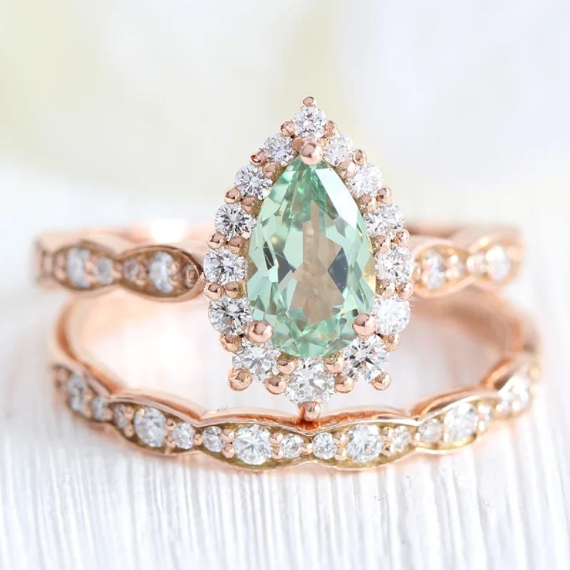 Bee motif rings-Tiara Halo Ring Set in Scalloped Band w/ Pear Sea Foam Green Sapphire and Diamond