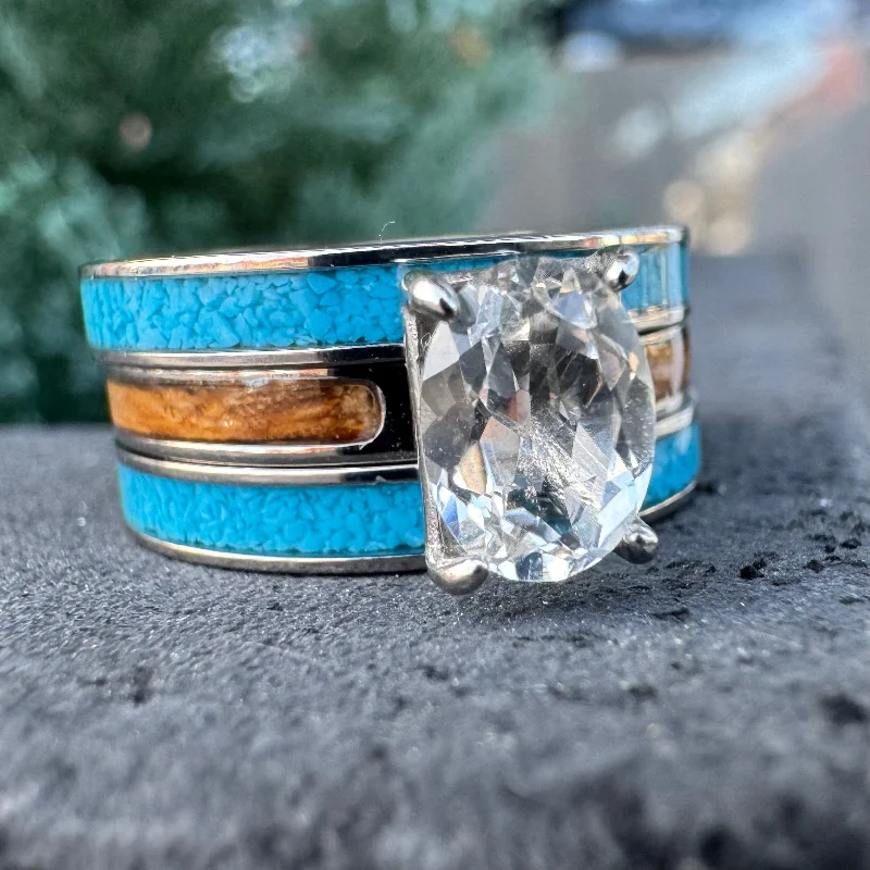 Heavy stone rings-The Lady Cheyenne Bridal Set” Reclaimed Bourbon Barrel Ring™ In Brilliant White Titanium With Oval Cut Genuine Topaz and Turquoise