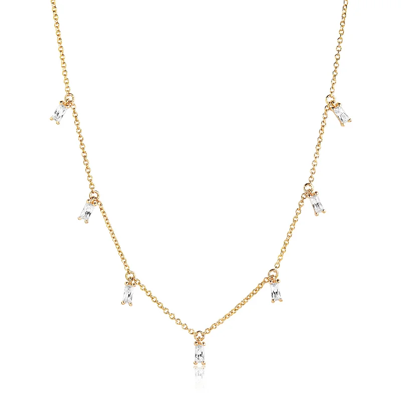 Hemp cord necklaces-Princess Baquette Gold Plated Necklace w. White Zirconias