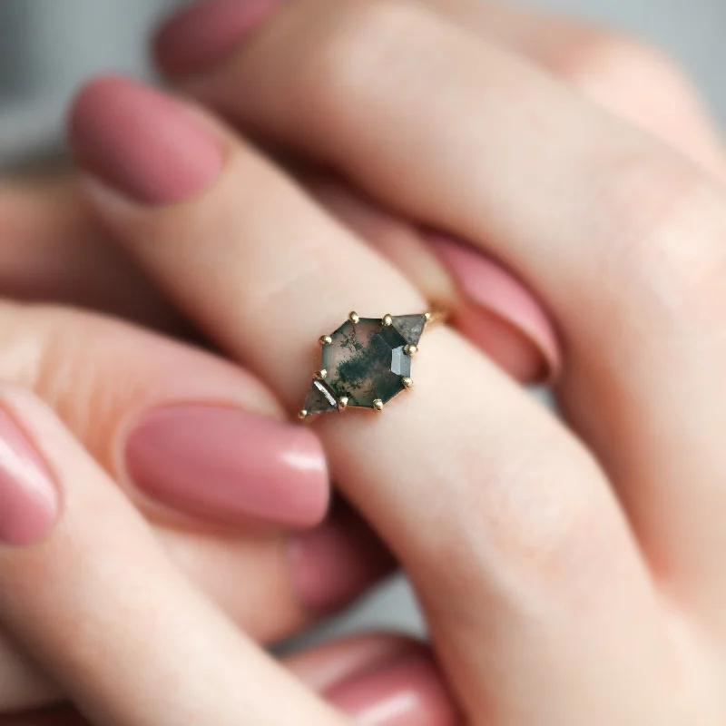 Classic cameo rings-Octagon Moss Agate Ring With Salt Pepper Accent Diamonds