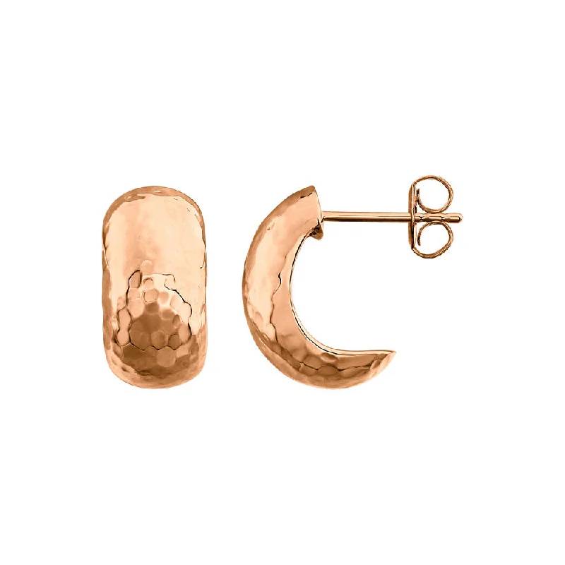 Topaz stud earrings-Hammered J-Hoop Earrings in 14k Rose Gold, 8 x 15mm