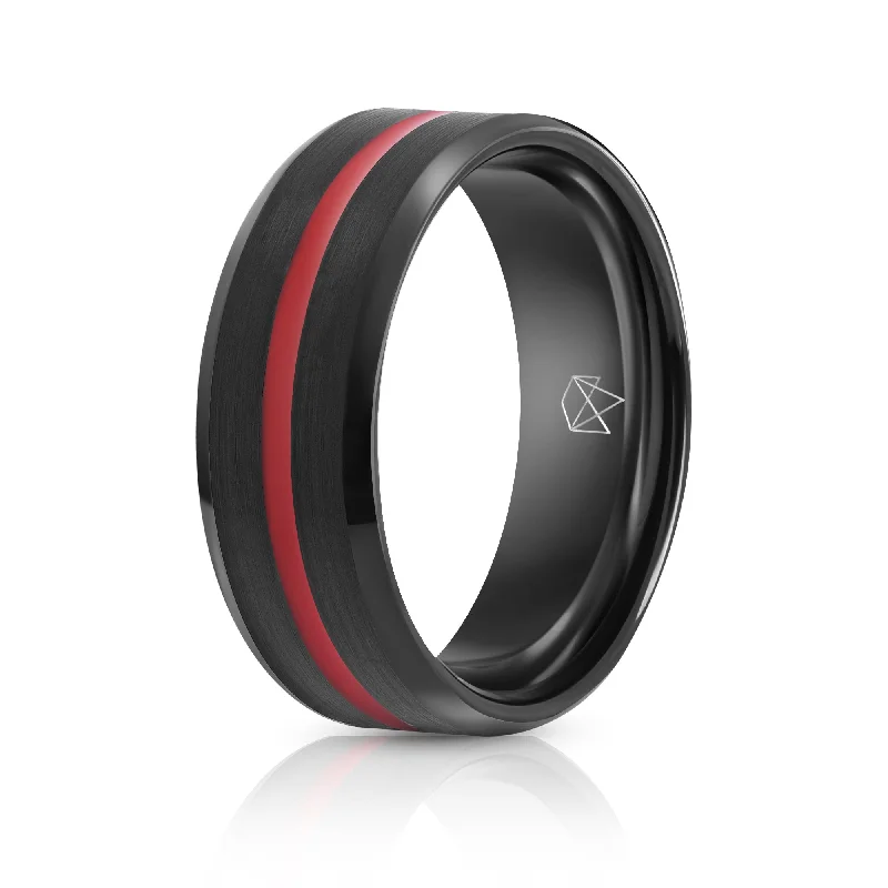 Carved band rings-Black Tungsten Ring Red Infinity