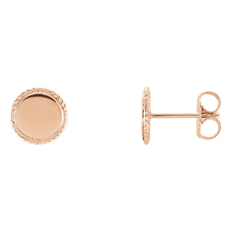 Subtle heart earrings-8mm (5/16 Inch) 14k Rose Gold Engravable Rope Edge Circle Earrings