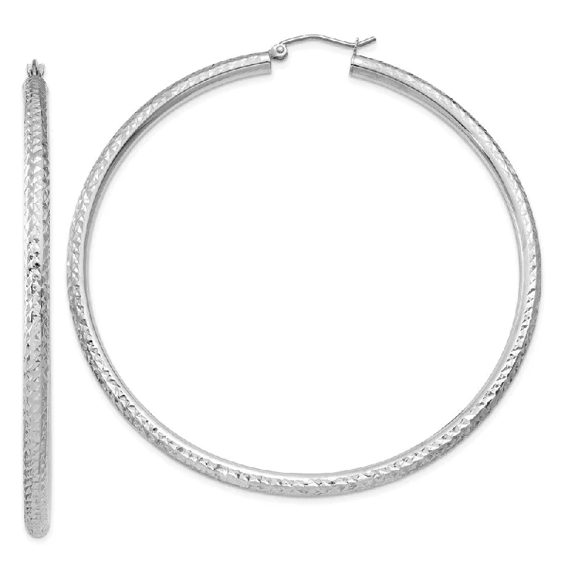 Sweeping art earrings-3mm x 65mm, 14k White Gold, Diamond-cut Round Hoop Earrings