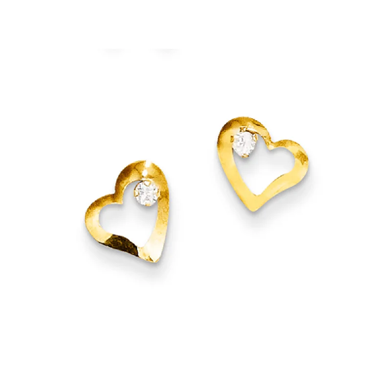 Stone cluster earrings-8mm Open Heart and Cubic Zirconia Post Earrings in 14k Yellow Gold