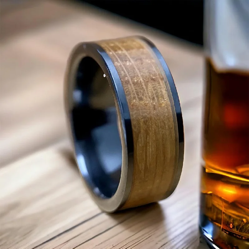 Carved band rings-"The Lexington" Kentucky Straight Bourbon Whiskey Barrel Black Ceramic Ring