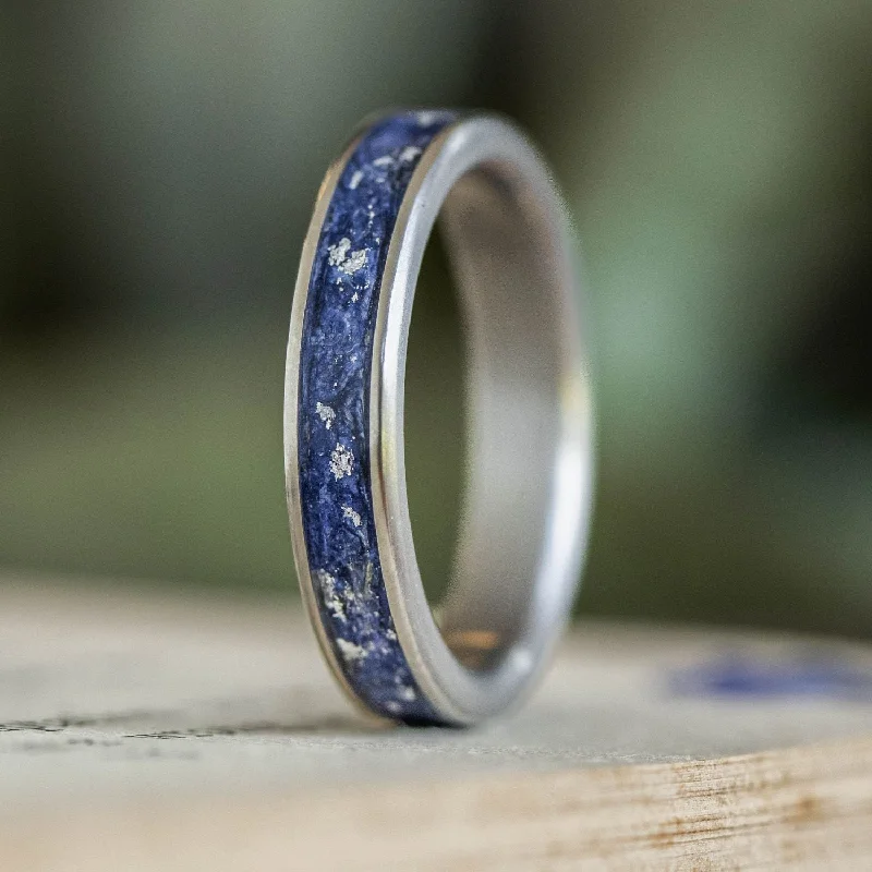 Kunzite gem rings-The Starry Night | Women's Titanium Ring with Blue Flowers and Silver Flakes