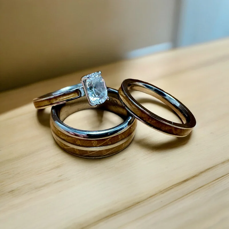 Georgian style rings-“The Bourbon Trio Bridal Set” Reclaimed Bourbon Barrel Ring™ In Brilliant White Titanium With Oval Cut GenuineWhite Topaz