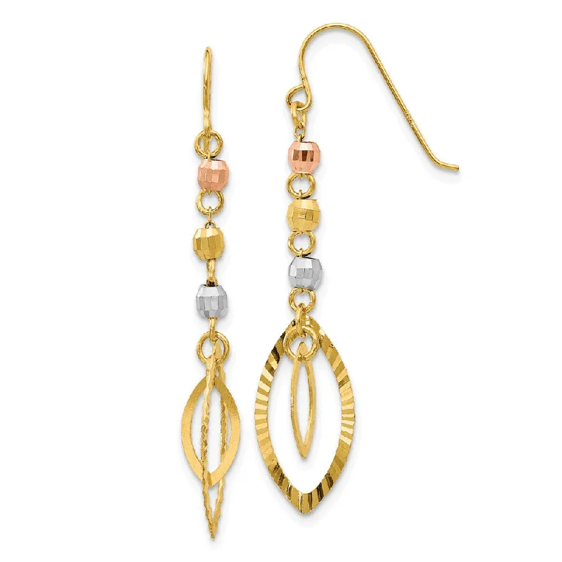 Sturdy hoop earrings-Tri-Color Bead and Marquise Shaped Dangle Earrings in 14k Gold