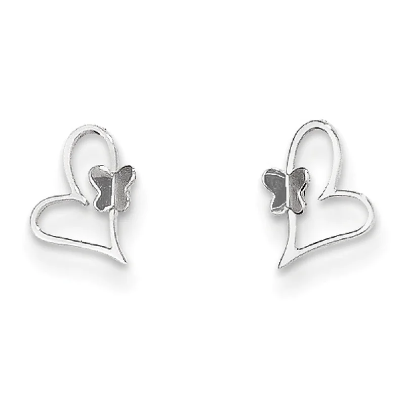 Solar themed earrings-Kids Small Heart and Butterfly Post Earrings in 14k White Gold