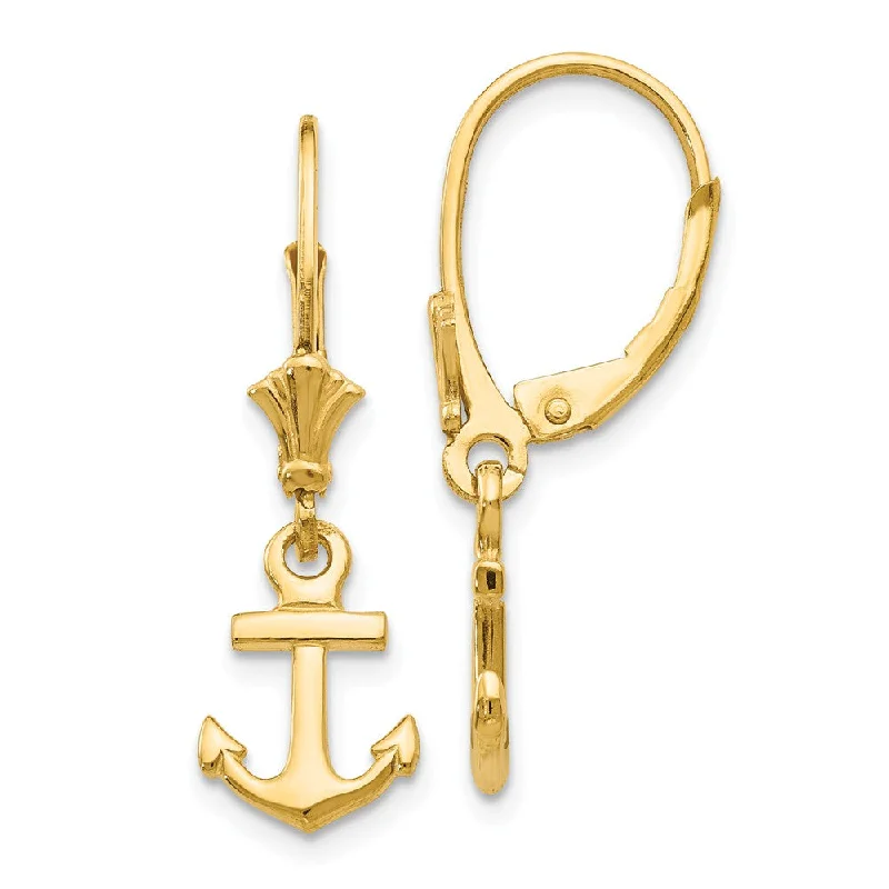 Subtle heart earrings-Petite Polished Anchor Lever Back Earrings in 14k Yellow Gold