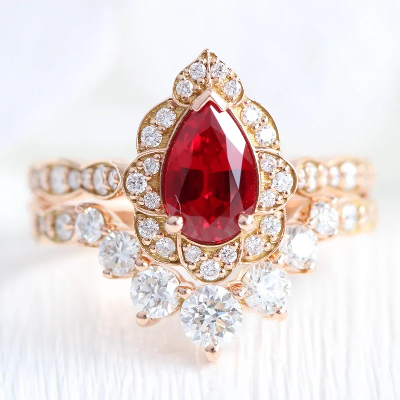 Crystal stack rings-Vintage Floral Pear Ruby Ring Set w/ Large 7 Diamond U Shaped Scalloped Band