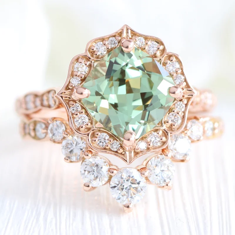 Loop knot rings-Large Vintage Floral Cushion Ring Set w/ Green Sapphire and Large 7 Diamond Scalloped Band