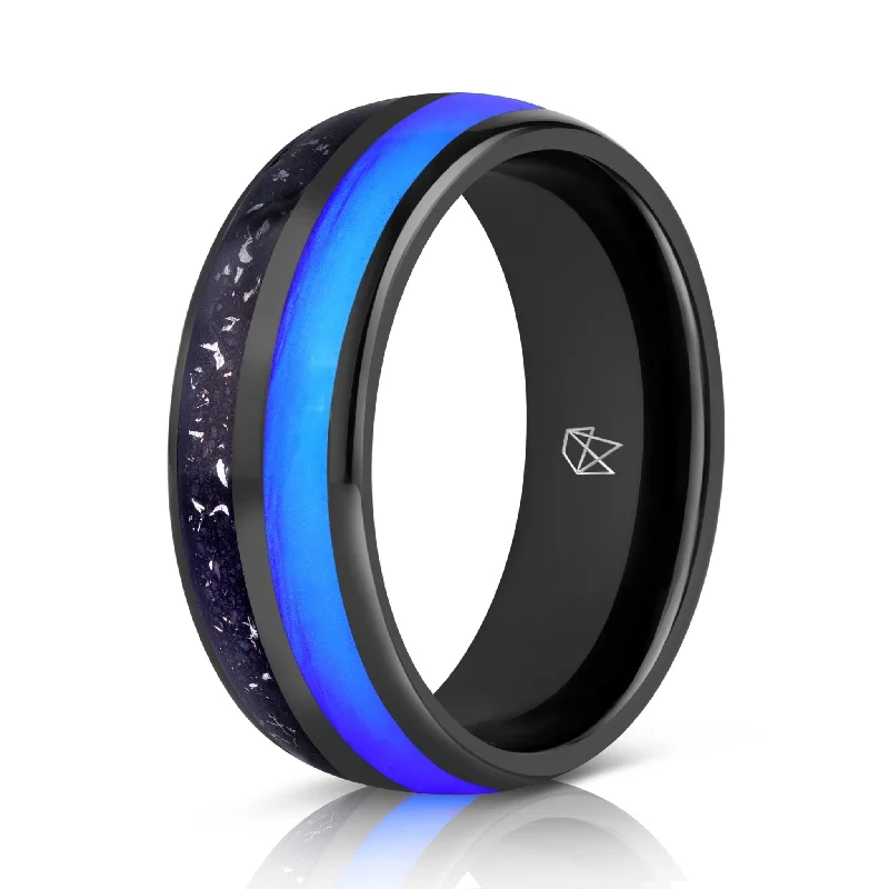 Bare dot rings-Black Tungsten Ring - Blue Glow & Real Meteorite