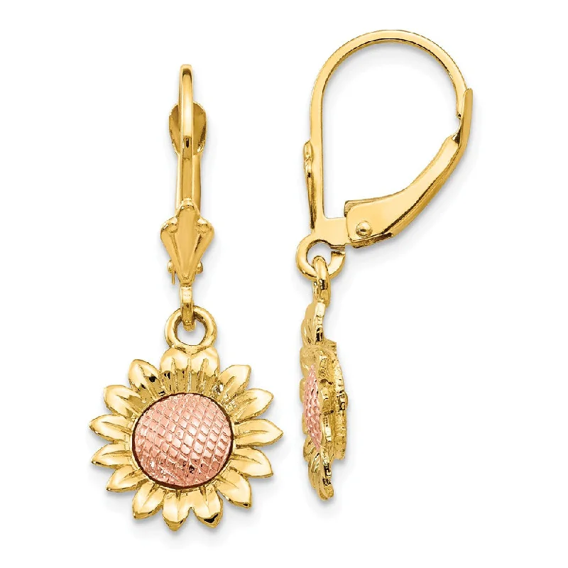 Breezy hoop earrings-Two Tone Sunflower Lever Back Earrings in 14k Yellow and Rose Gold