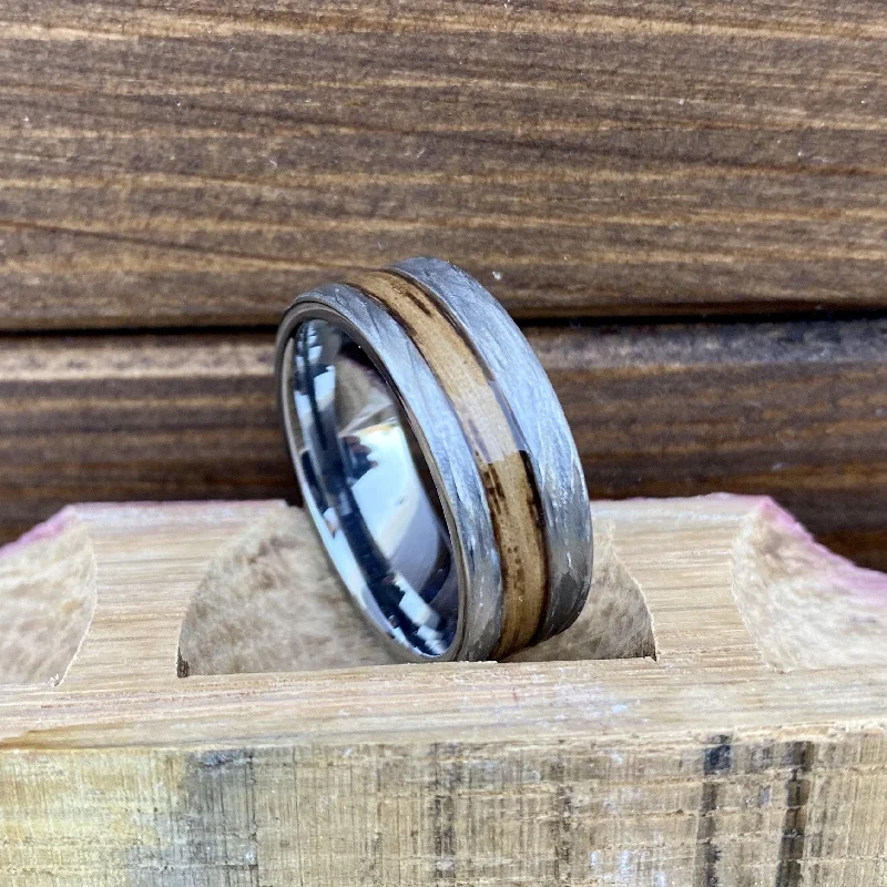 Sharp band rings-" The Cowboy" 100% USA Made Build Your Own Ring Rugged Tungsten Flat Band with Off-Center Inlay and Bark Finish