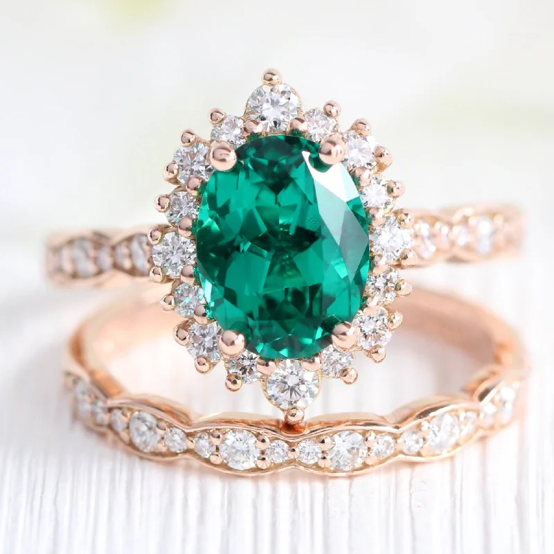 Sturdy band rings-Large Tiara Halo Oval Ring Set w/ Emerald and Diamond in Scalloped Band